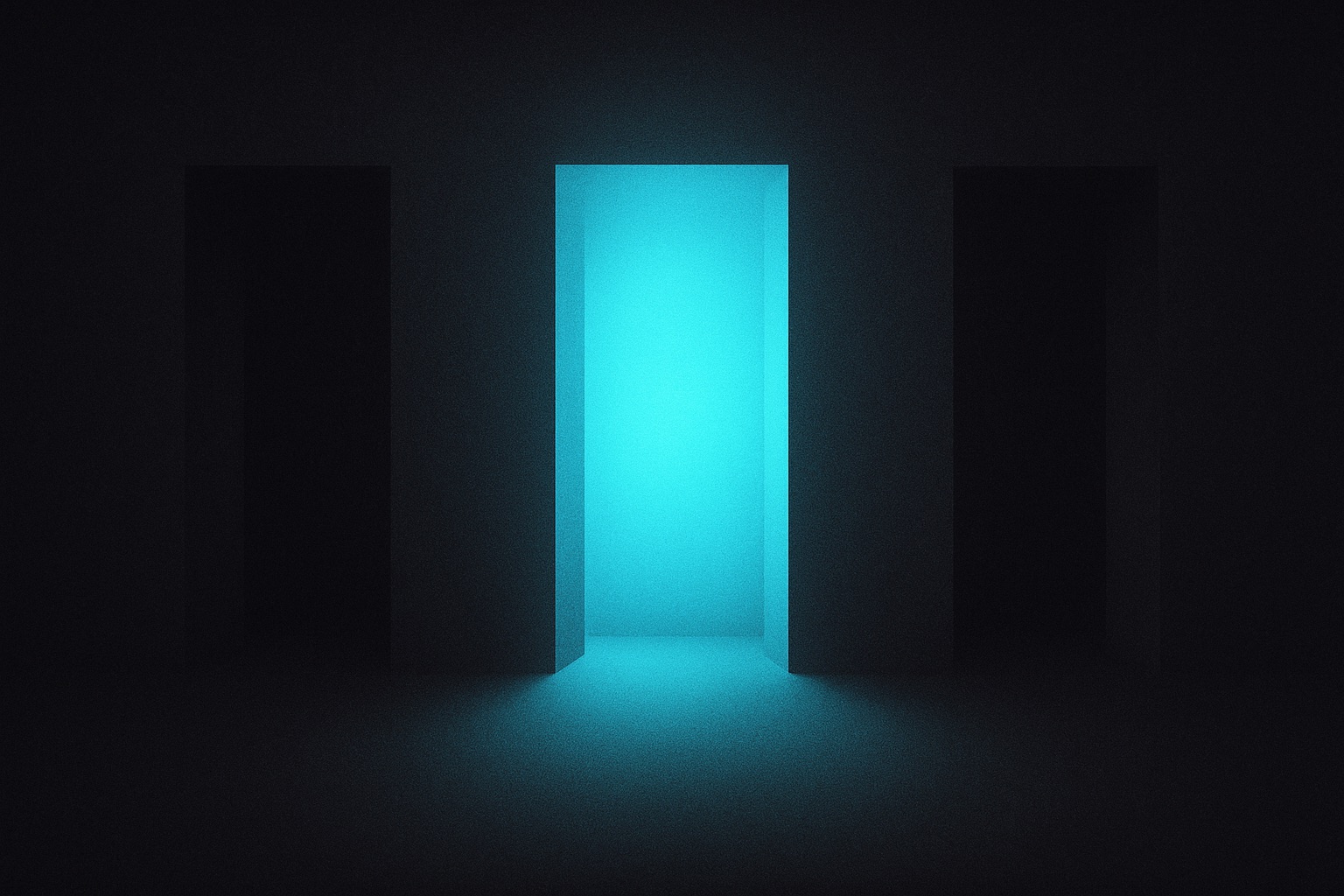 Three doorways in darkness with the center one flooded with cyan light